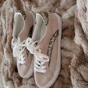 MADEWELL Sidewalk Low-Top  Glitter-Accented Suede Tan Sneakers Size 6